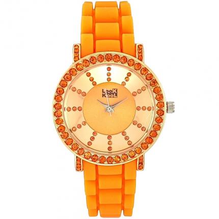 Montre femme strass fantaisie avec bracelet orange en silicone